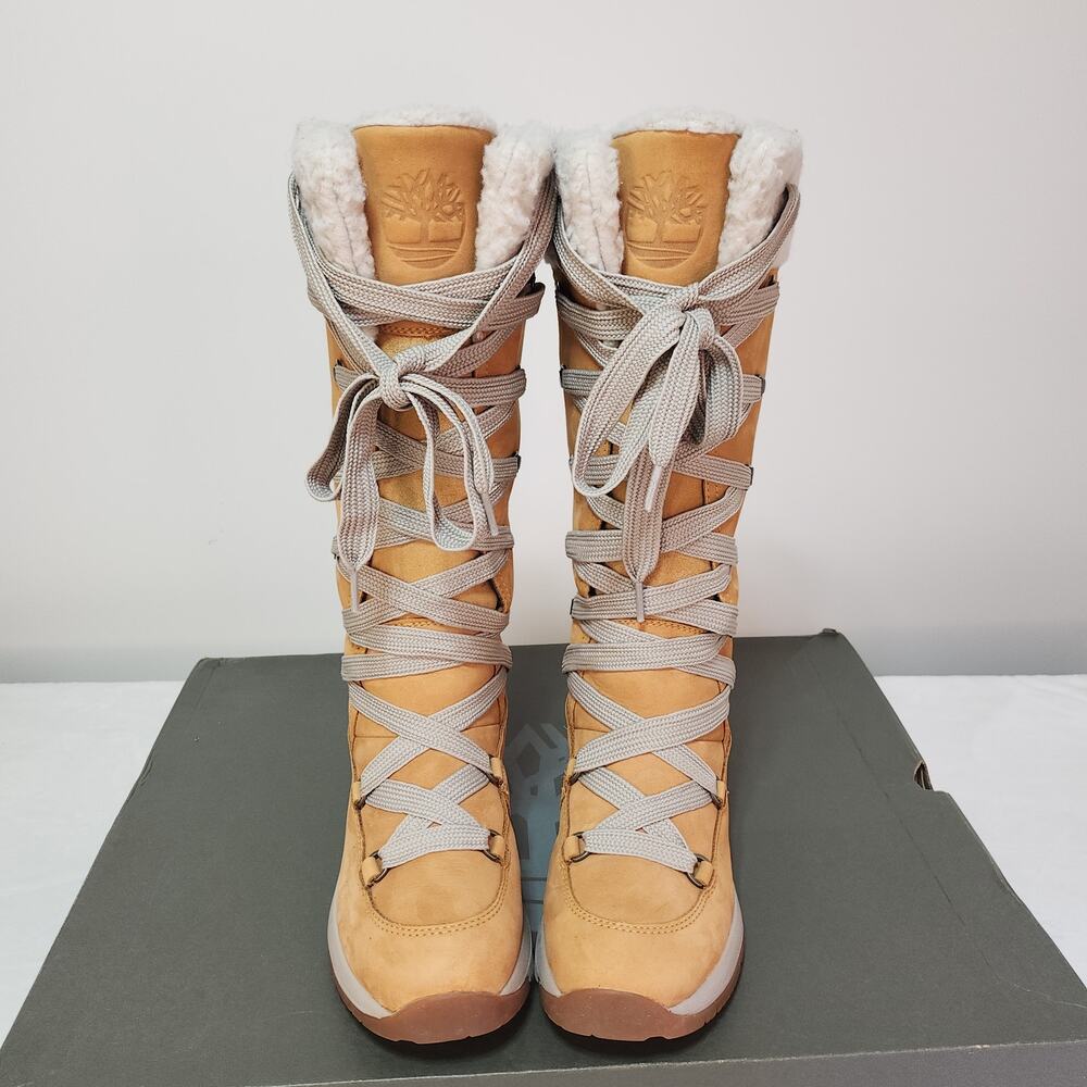 Cabincore Knee High Timberland Boots 6 Wheat Nubuck Shearling Gorpcore Apres Ski - Picture 4 of 15